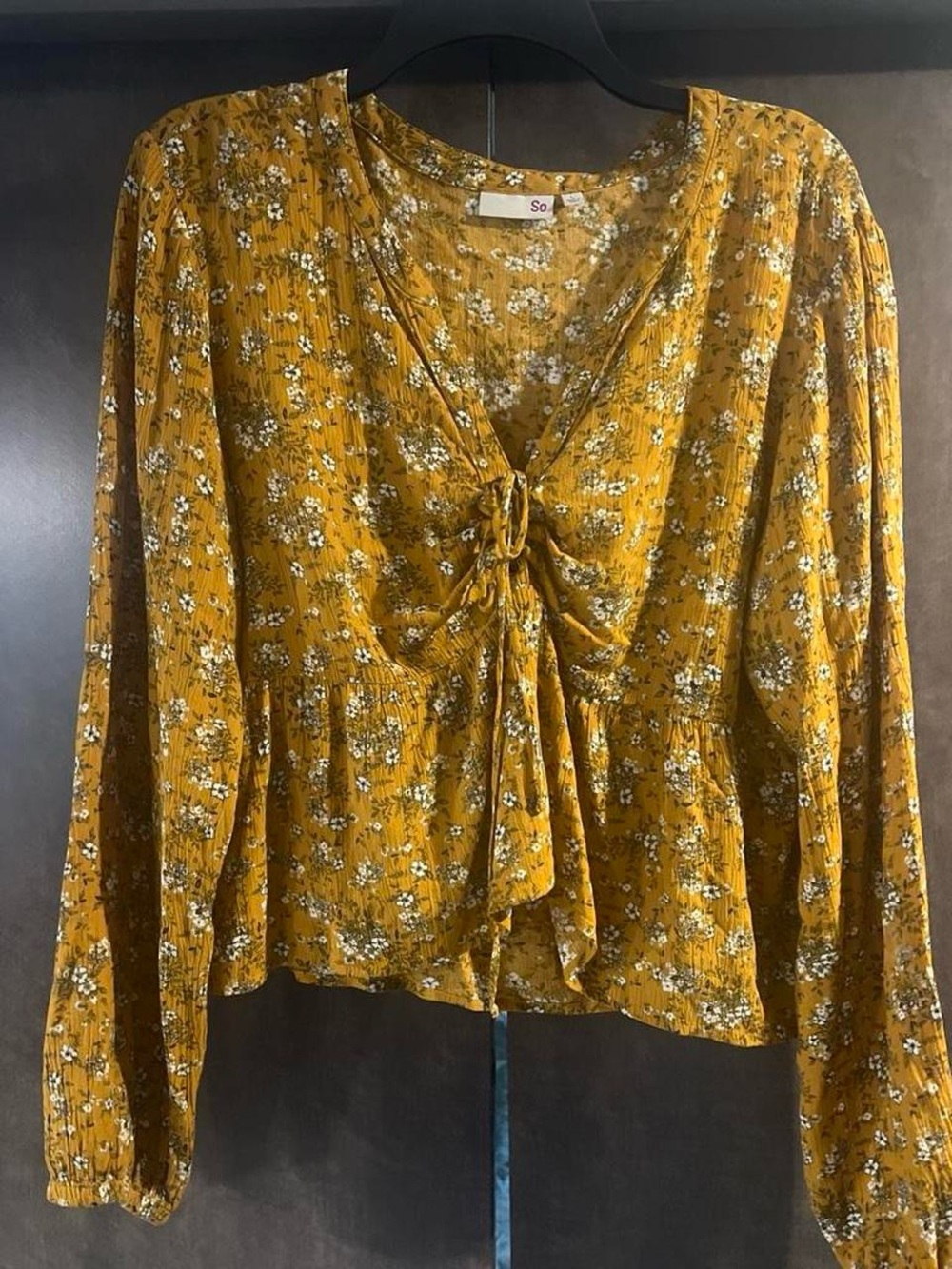 SO Mustard Yellow Floral Tie-Front Long Sleeve Top